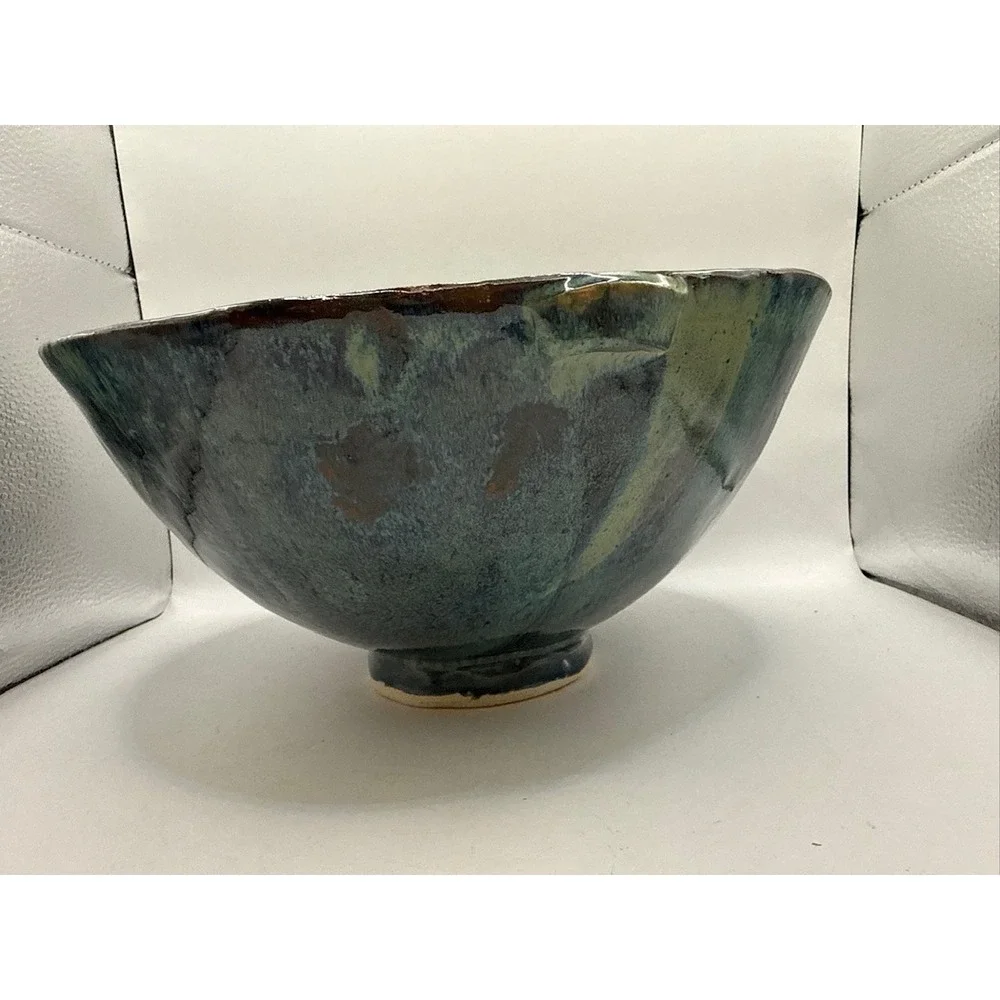 Hand Made Pottery Bowl, JS Signed Blue Green Color Textured Abstract 10